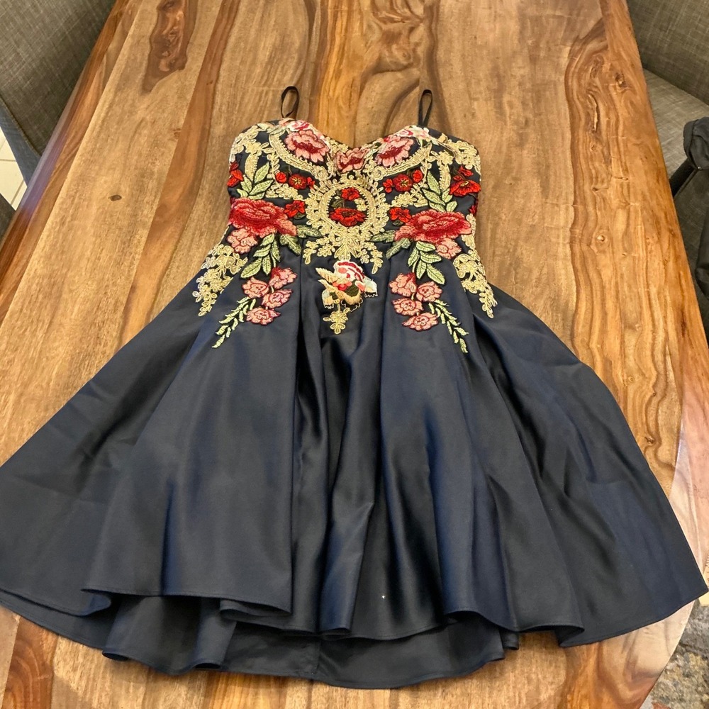Blondie Nites Navy Strapless Embroidered Satin Dress Corset Back Short - Picture 15 of 16